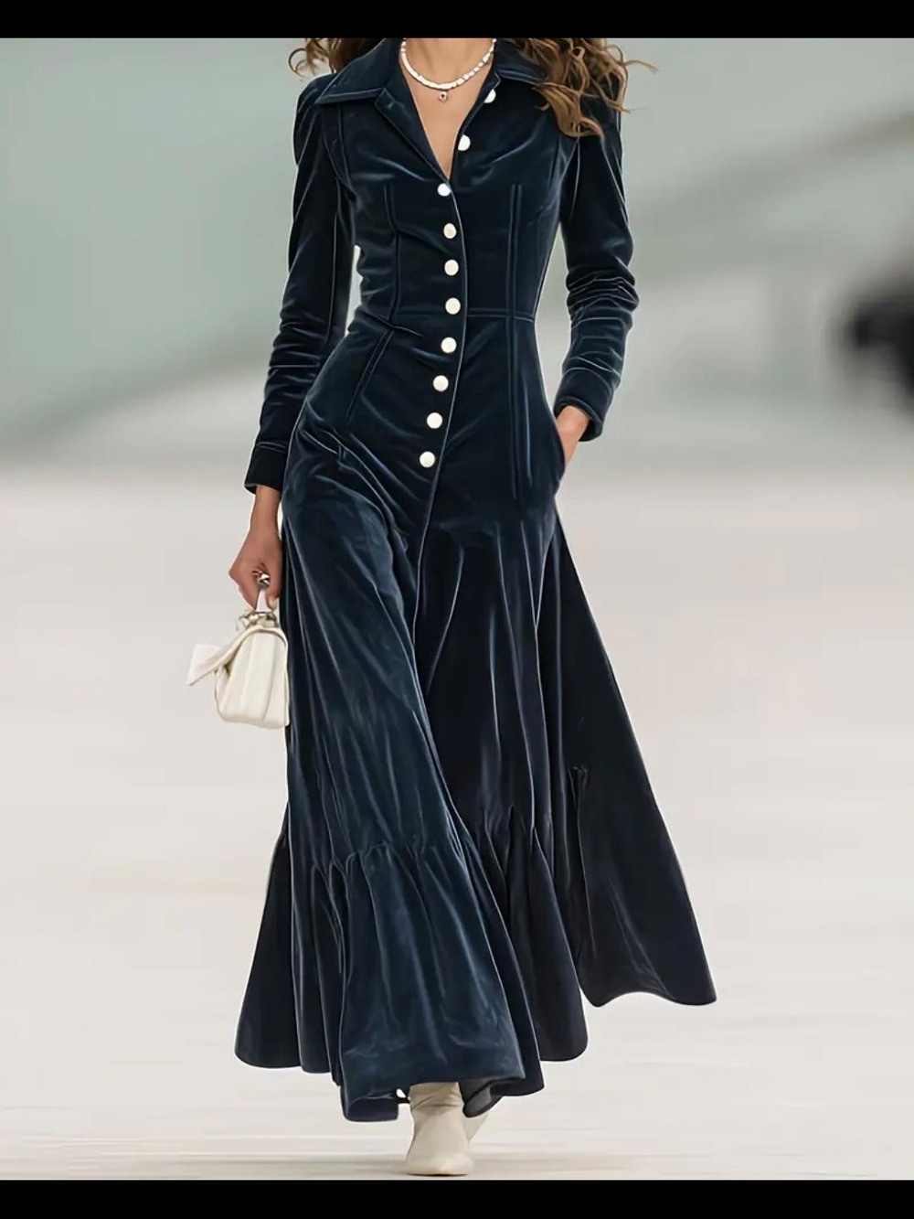 Velvet Button-Front Maxi Dress in Deep Navy
